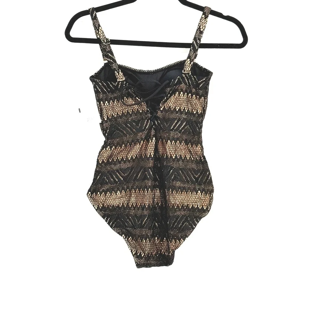Cosita Linda Black Gold Metallic Lace Up Overlay One Piece Swimsuit‎ Resort Sz S